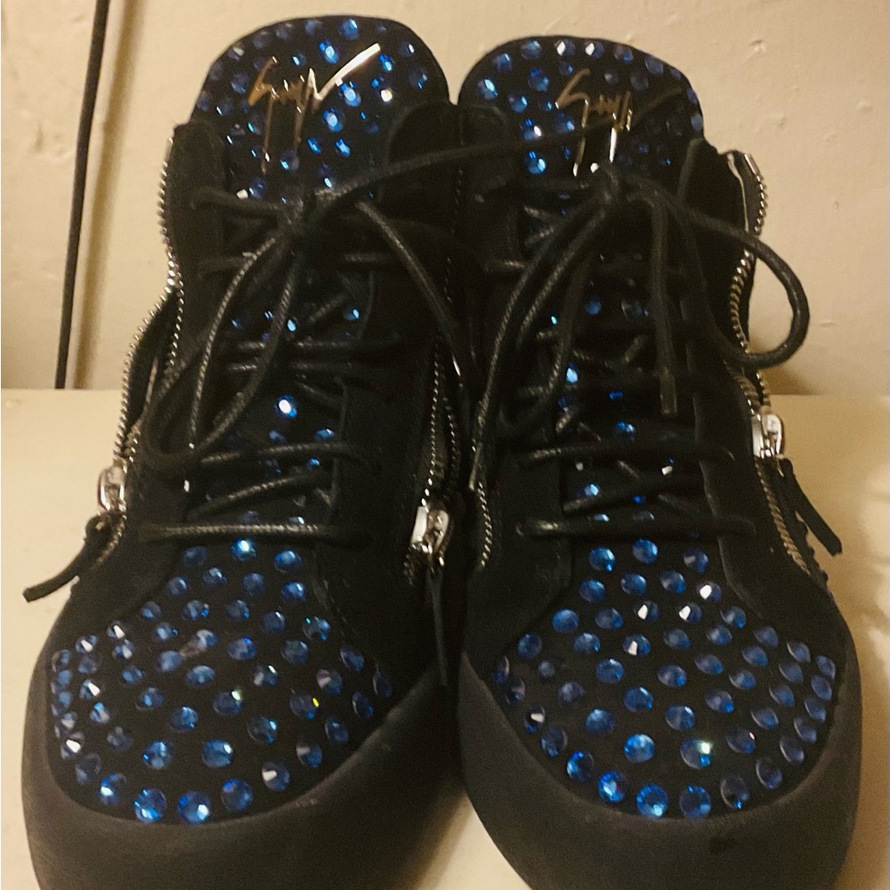 Black Sneakers with Padded Collar and Sparkling Blue Crystals
